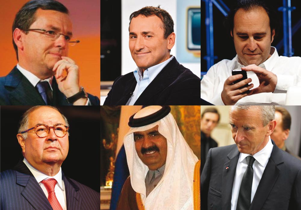 De gauche à droite et de haut en bas : Alain Weil (RMC, BFM TV…), Pascal Houzelot (Numéro 23), Xavier Niel (Free), Alicher Ousmanov (UTH Russia), Hamar ben Khalifa Al Thani (ancien émir du Qatar) et Bernard Arnault (LVMH).