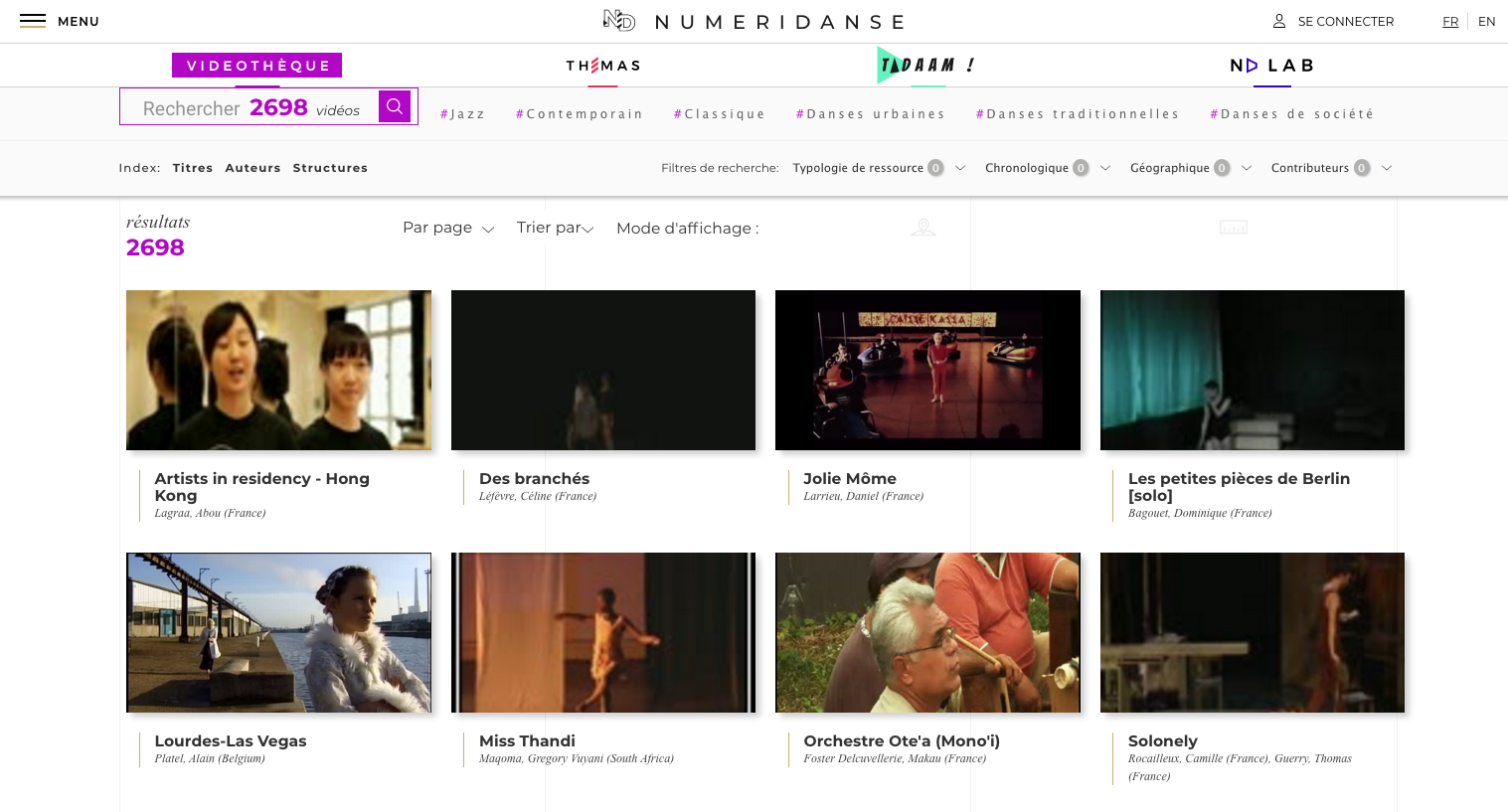 Page d'accueil de la vidéothèque de Numéridanse (capture d'écran)