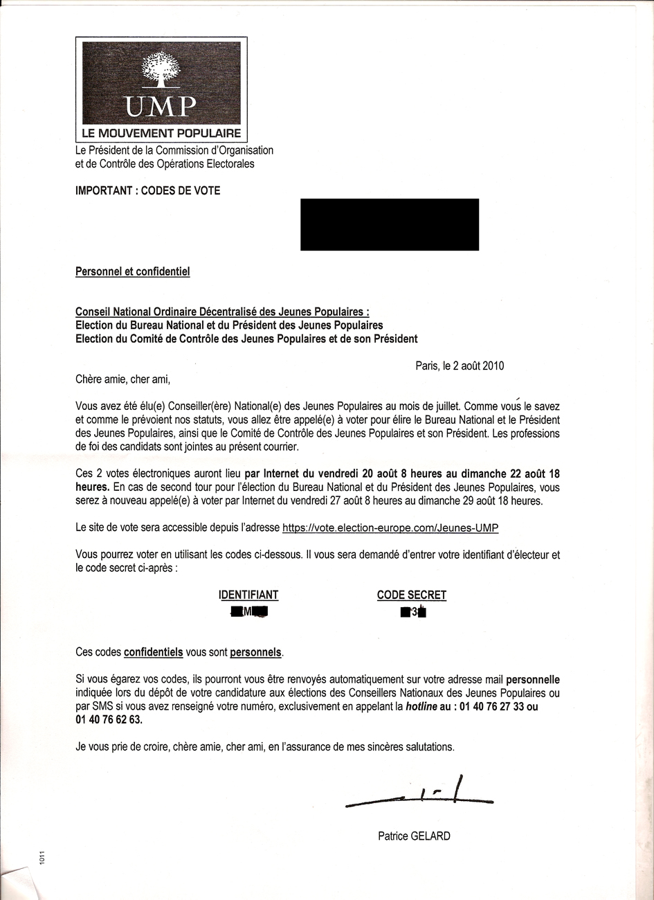 courrier de P.Gélard révélant les codes de vote électronique