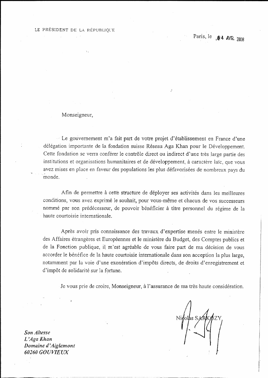 Lettre de l'Aga Khan