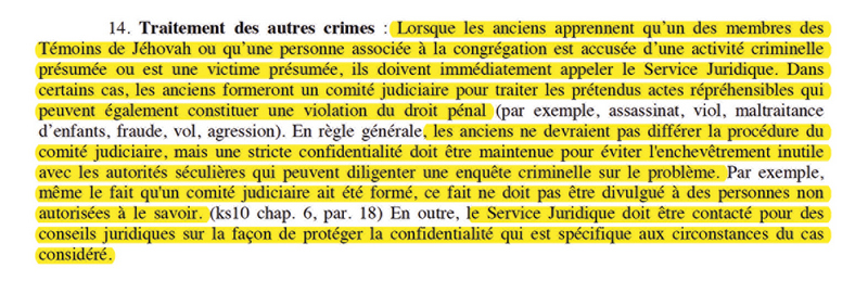 Document interne confidentiel des Témoins de Jéhovah, 9/04/2012