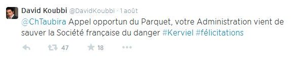 Tweet de David Koubbi adressé à Christiane Taubira sur le dossier Kerviel