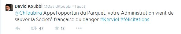Tweet de David Koubbi adressé à Christiane Taubira sur le dossier Kerviel