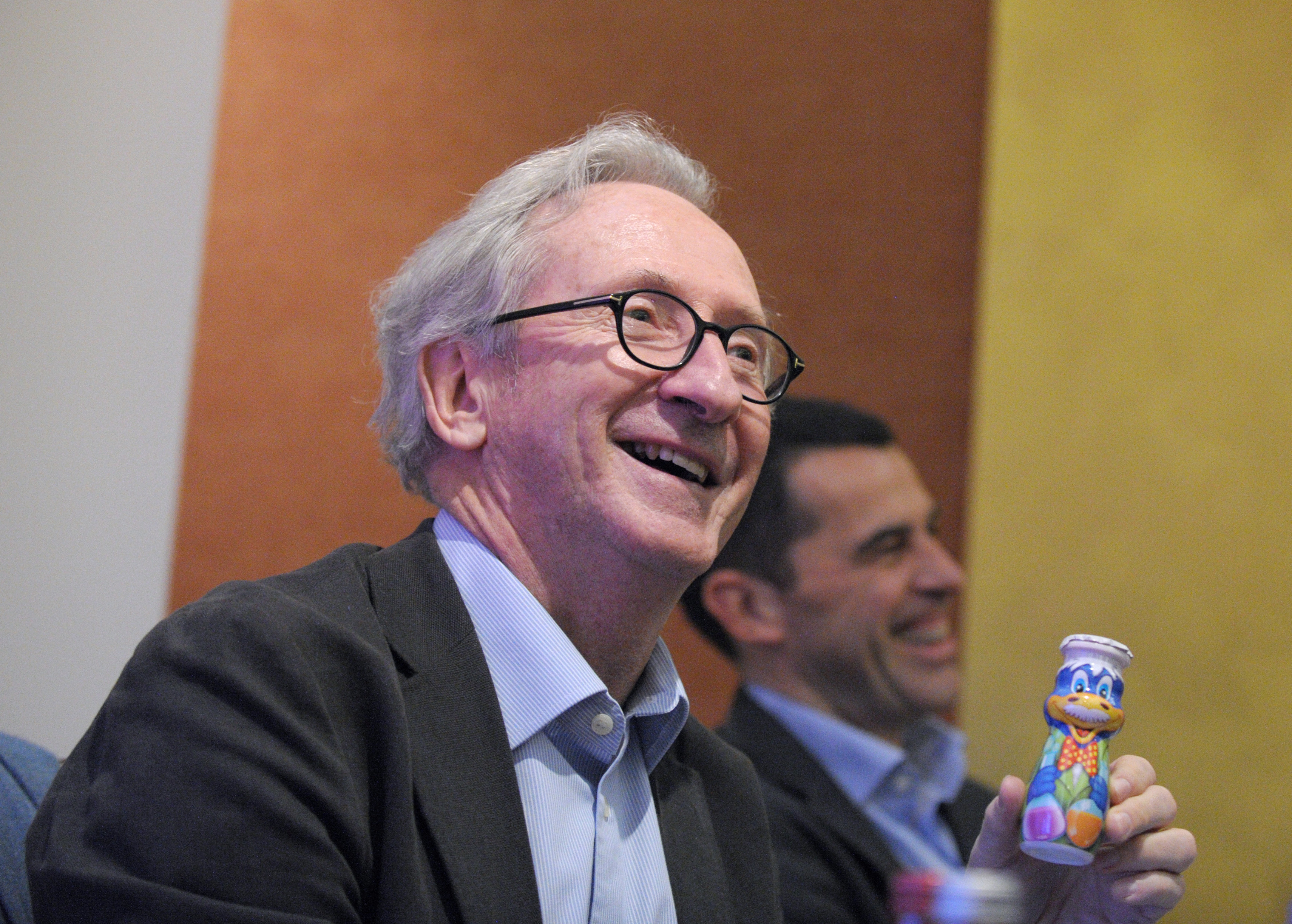 FRANCE, Paris : French dairy food giant Danone Chairman Franck Riboud smiles during a press conference to present the group's 2013 results in Paris on February 20, 2014. FRANCE, Paris : French dairy food giant Danone Chairman Franck Riboud smiles during a press conference to present the group's 2013 results in Paris on February 20, 2014.