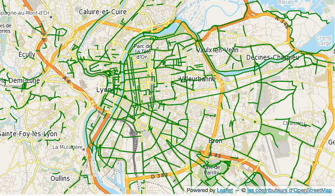 Carte des aménagements des pistes cyclables à Lyon actuellement