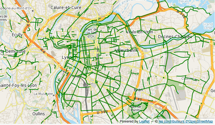 Carte des aménagements des pistes cyclables à Lyon actuellement Carte des aménagements des pistes cyclables à Lyon actuellement