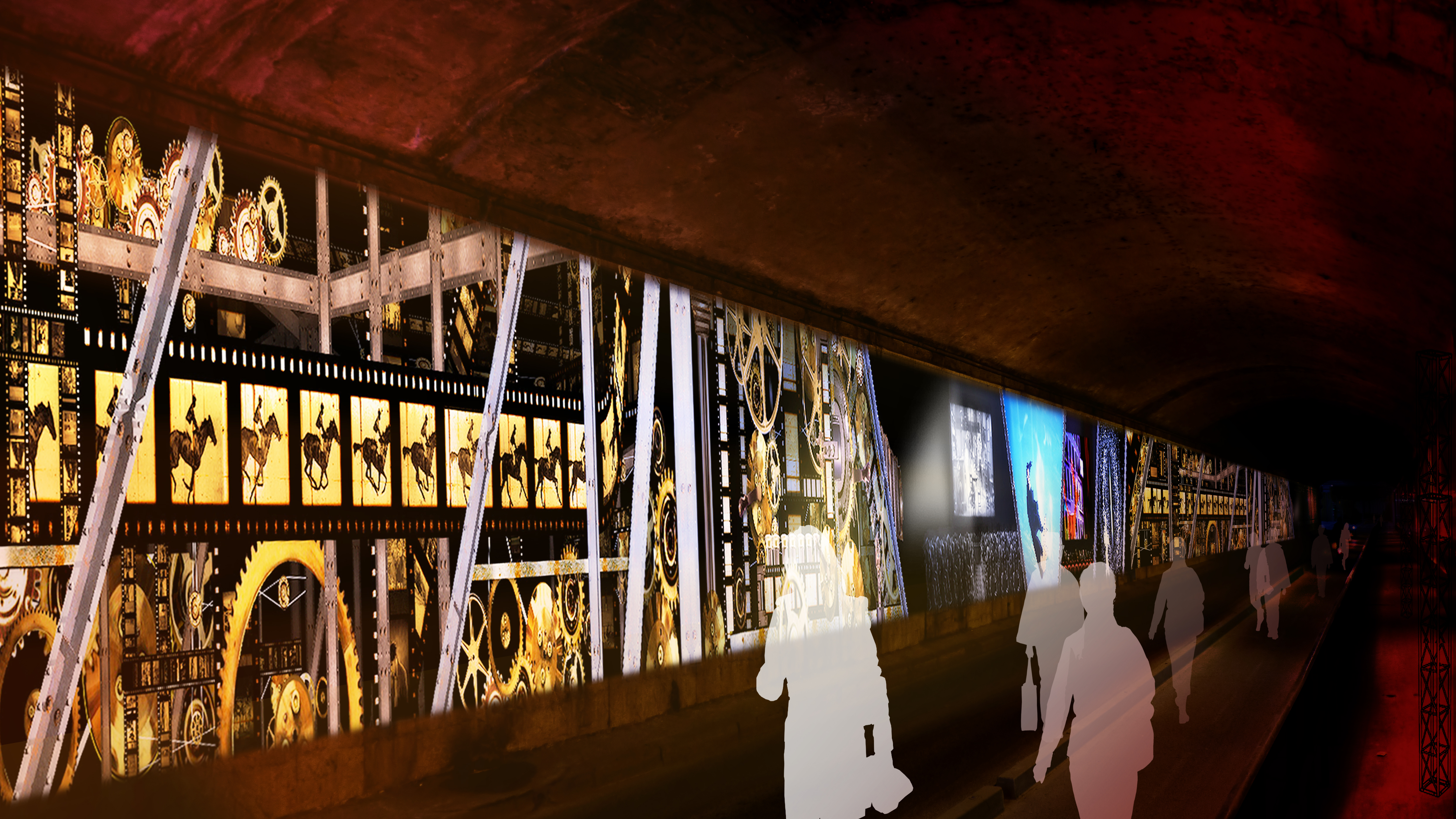 Installation sur l’histoire du cinéma, dans le tunnel des “voûtes sous Perrache”, Lyon 2e Installation sur l’histoire du cinéma, dans le tunnel des “voûtes sous Perrache”, Lyon 2e