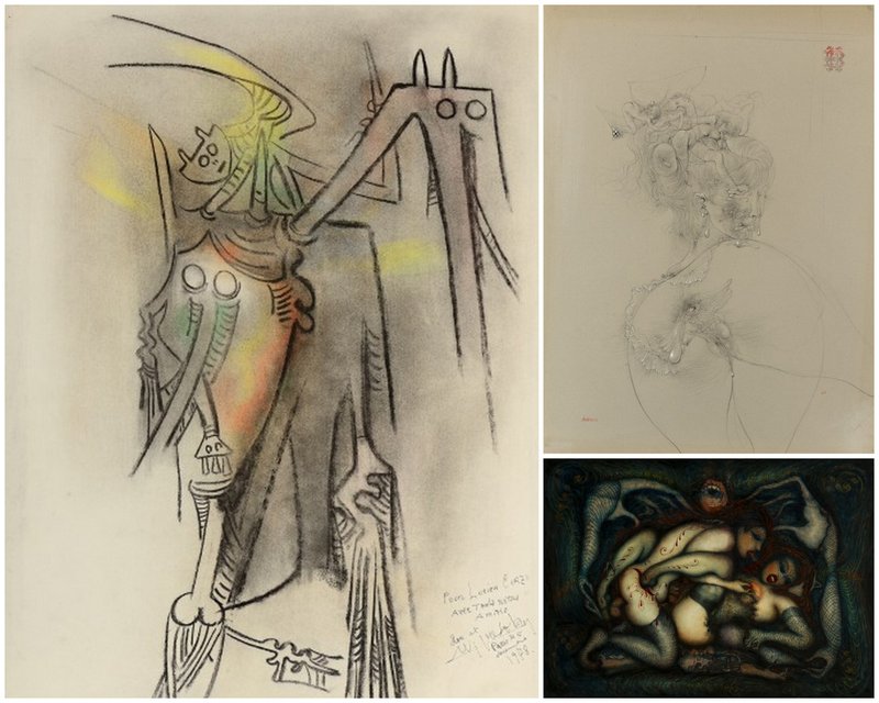 Wifredo Lam – Sans titre, vers 1972. 70x50,5 cm / Hans Bellmer – Etude pour “La philosophie dans le boudoir” de Sade, 1963. 59x45 cm / Pierre Molinier – Le Temps de la mort n°1, 1962. 97x130 cm © Galerie Michel Descours / Thierry Jacob (2) & Didier Michalet