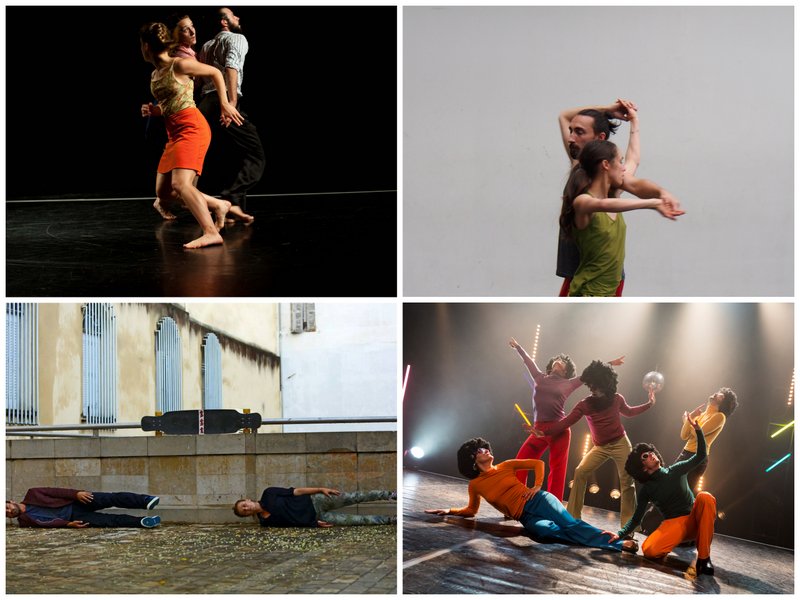 De gauche à droite et de haut en bas : Hippopotomonstrosesquippedaliophobie (collectif Es), Motifs (Cie Parc), Trio pour deux danseurs et un longboard (Cie Au-delà du Bleu), Bal disco (Cie Contrepoint) © G.Aguilar / DR / JL.Petit / P.Bertheau De gauche à droite et de haut en bas : Hippopotomonstrosesquippedaliophobie (collectif Es), Motifs (Cie Parc), Trio pour deux danseurs et un longboard (Cie Au-delà du Bleu), Bal disco (Cie Contrepoint) © G.Aguilar / DR / JL.Petit / P.Bertheau