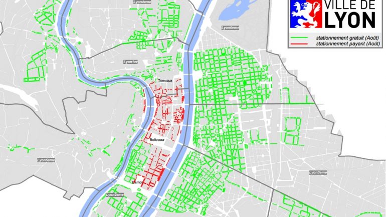 Carte du stationnement payant et gratuit à Lyon en août 2015