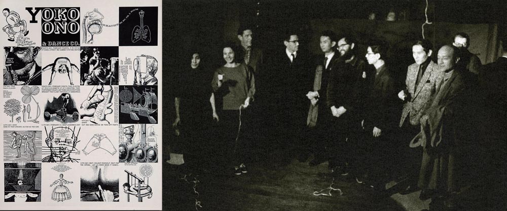 “Do It Yourself Fluxfest Presents Yoko Ono & Dance Co.” 1966 – Imprimé offset noir et blanc, prédécoupé en petites cartes, 56x43 cm (collection MAC de Lyon)  / Yoko Ono dans son loft de Chambers Street à New York, hiver 1960-61, avec (de gauche à droite) Simone Forti, John Cage, David Tudor, un inconnu, La Monte Young, Toshi Ichiyanagi, Toshi Mayazumi, Isamu Noguchi et un autre inconnu © Minoru Niizuma, Courtesy Yoko Ono (montage LC)