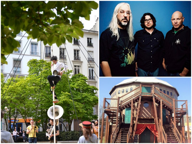 Les UtoPistes en pleine action / Dinosaur Jr (au centre, Lou Barlow) / la Tour Passagère avant l’arrivée des artistes © Alicia Cupani / Brantley Gutierrez / DR (montage LC)