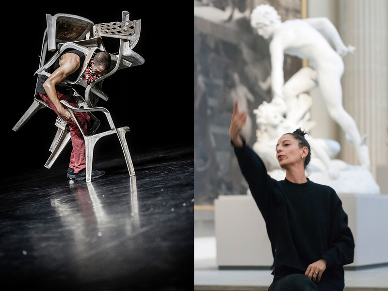 Montage Lyon Capitale : à gauche, photo de répétition de “Cementary” © Andreas Endermann, à droite portrait de Patricia Apergi au musée des Beaux-Arts de Lyon en novembre 2016 © Tim Douet