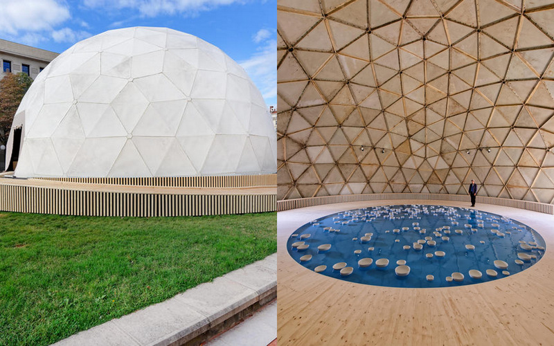 Le dôme de Richard Buckminster Fuller, Radome (1957), place Antonin-Poncet et à l’intérieur l’œuvre de Céleste Boursier-Mougenot, Clinamen v2 © Blaise Adilon (montage LC)