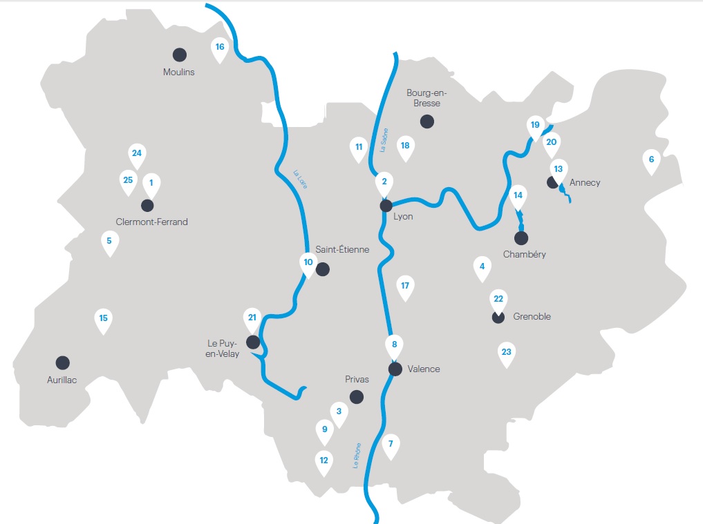 Carte des 25 sites emblématiques Auvergne-Rhône-Alpes ()