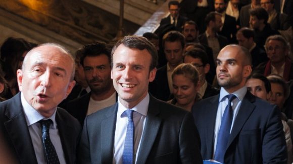 Emmanuel Macron à l’hôtel de ville de Lyon avec Gérard Collomb, le 2 juin 2016 © Tim Douet