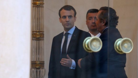 Le patron de GL Events, Olivier Ginon, à l’Elysée avec Emmanuel Macron, le 26 mars 2018 © Ludovic Marin / AFP