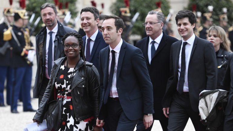 Jean-Marie Girier (au premier plan) arrivant à l’Elysée avec Arnaud Leroy, Sibeth Ndiaye, Benjamin Griveaux, Richard Ferrand et Julien Denormandie, le 14 mai 2017 © Stéphane de Sakutin / AFP