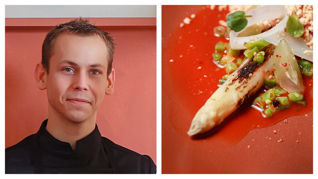 Nicolas Seibold, le chef de la Mutinerie, et ses asperges snackées au barbecue à la “neige de foie gras” © Tim Douet (montage LC)