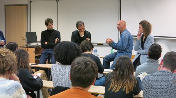 Mathias Destal, Jean-Pierre Canet, Frédéric Champly et Daphné Gastaldi lors de la présentation de Disclose à Sciences Po Lyon, le 20 novembre 2018 © M. Régis