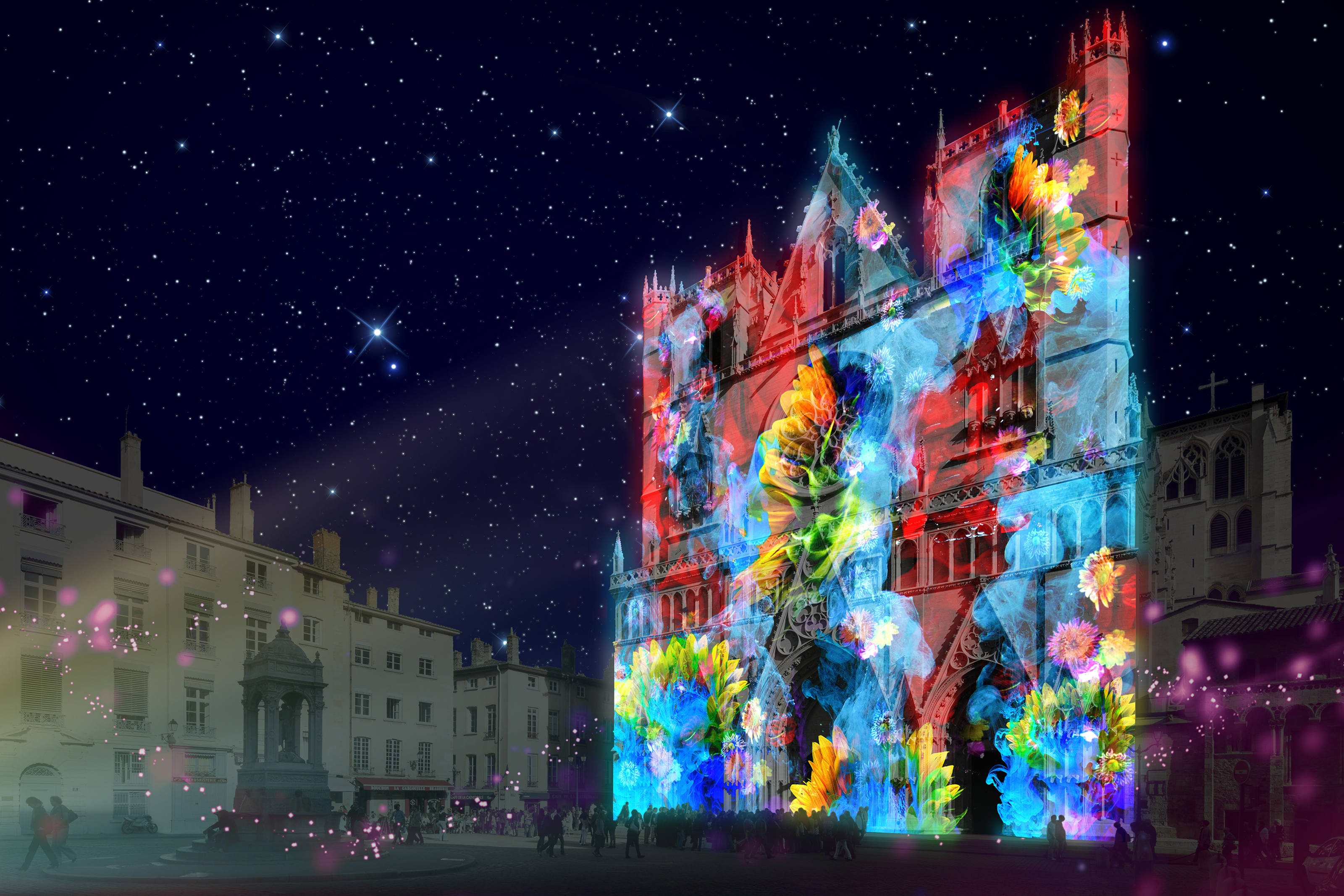 Fête des lumières 2018 – Pigments de lumière sur la cathédrale Saint-Jean (prévisualisation) © Nuno Maya & Carole Purnelle / Ocubo