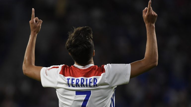 Martin Terrier, après son but en Ligue 1 contre Strasbourg, le 24 août 2018 © Philippe Desmazes / AFP