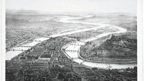 Vue aérienne de Lyon, par Guesdon, 1845 © Archives municipales de Lyon (5PH35807)