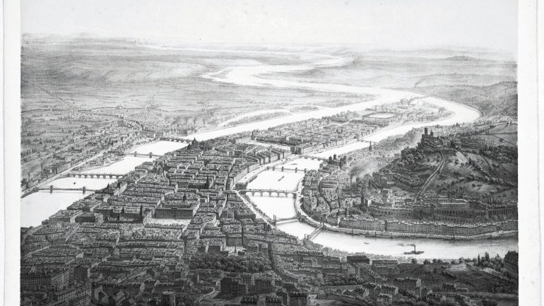 Vue aérienne de Lyon, par Guesdon, 1845 © Archives municipales de Lyon (5PH35807)