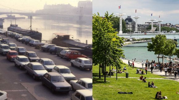 Les quais du Rhône en 1990 © F. Guy (Urbalyon) / Et les berges actuelles © Antoine Merlet (montage LC)