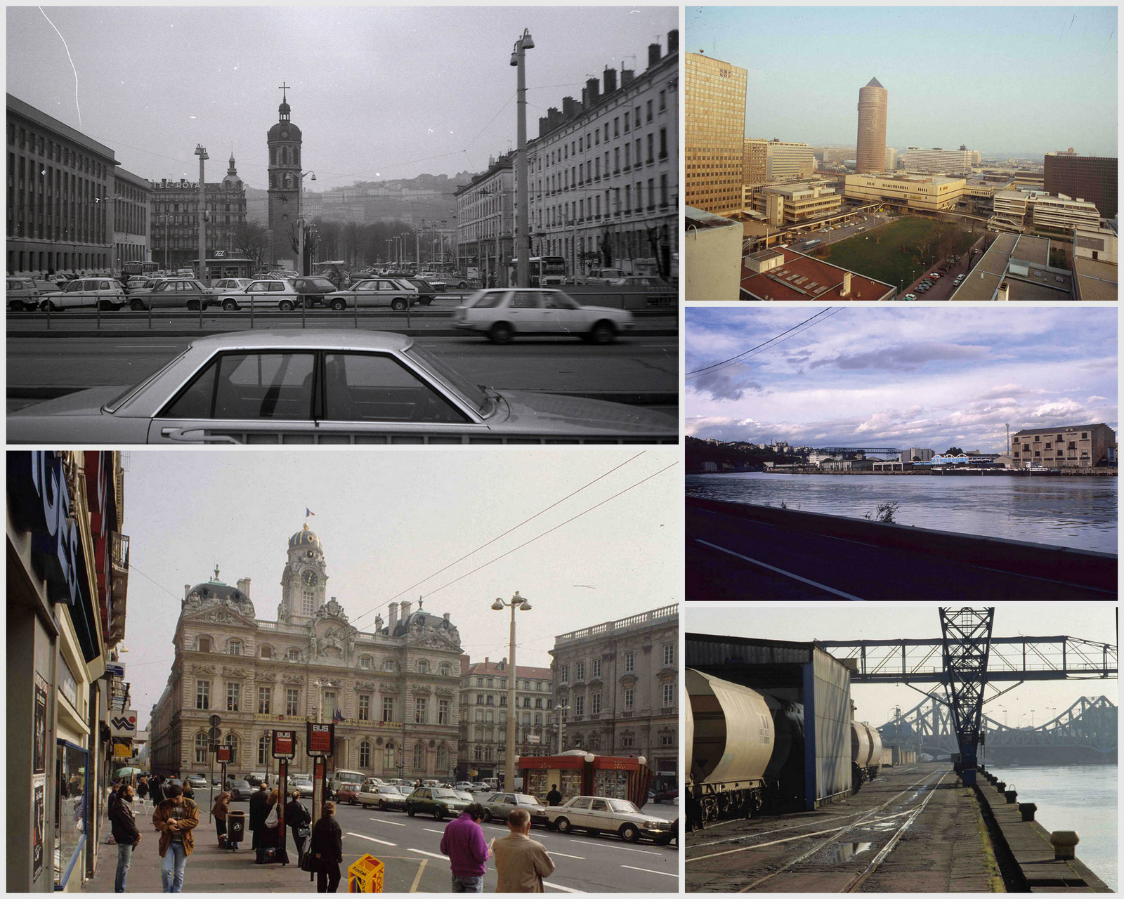 5 lieux de Lyon méconnaissables aujourd’hui : la place Antonin-Poncet (photo de 1984), les Terreaux (1990), la Part-Dieu (1985), le sud de la Presqu’île qui ne s’appelle pas encore Confluence (1994) et le quai Rambaud (1991) © F. Guy / UrbaLyon (montage LC)