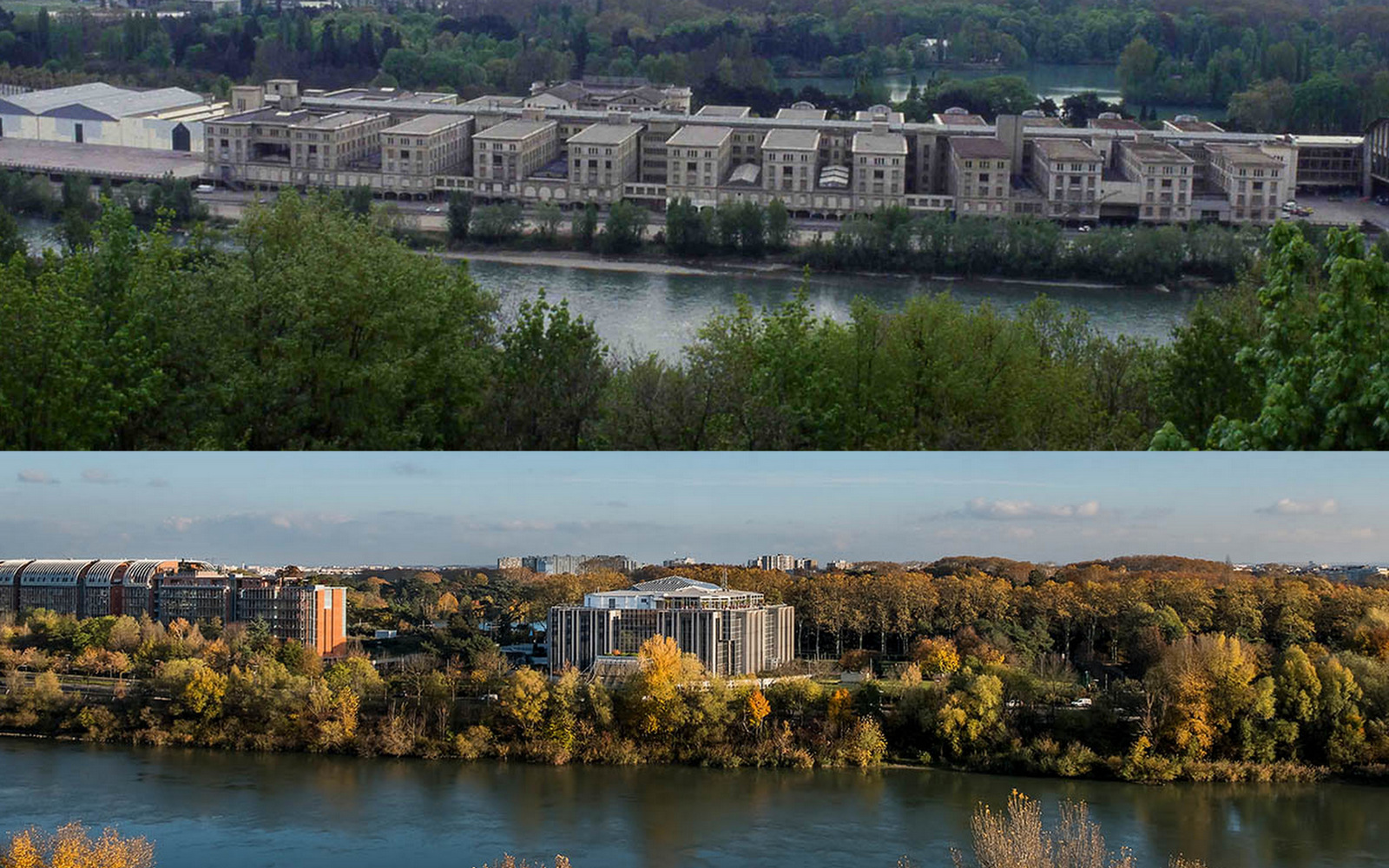 Avant/Après : L’ancien quai Achille-Lignon et le palais de la Foire de Lyon en 1980 © F. Guy (UrbaLyon) / Aujourd’hui, quai Charles-de-Gaulle, la Cité internationale et Interpol © Antoine Merlet (montage LC)