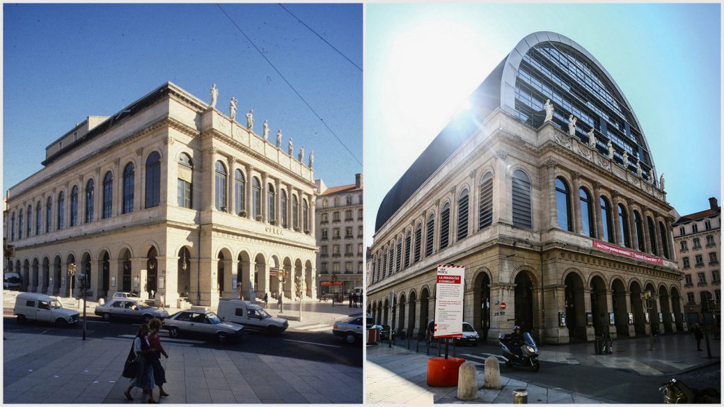 L’opéra de Lyon en 1985 © F. Guy (Urbalyon) Et en 2019 © Antoine Merlet (montage LC)