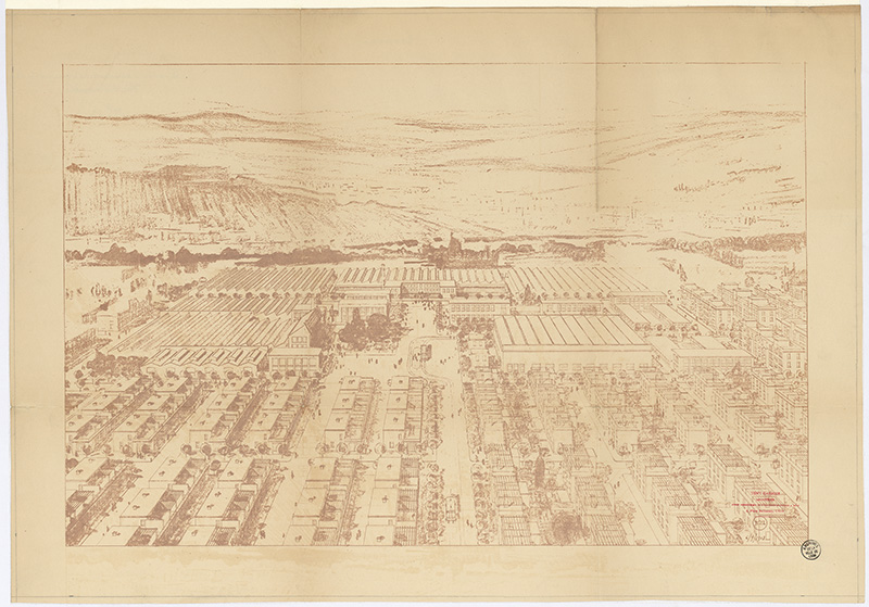 Tony Garnier – Perspective du quartier industriel du tissage de la soie, 1908, imprimé [Archives municipales de Lyon, 2S/1276 – Numérisation Archimaine, Archives municipales de Lyon]