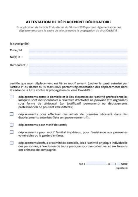 attestation de déplacement coronavirus COVID-19