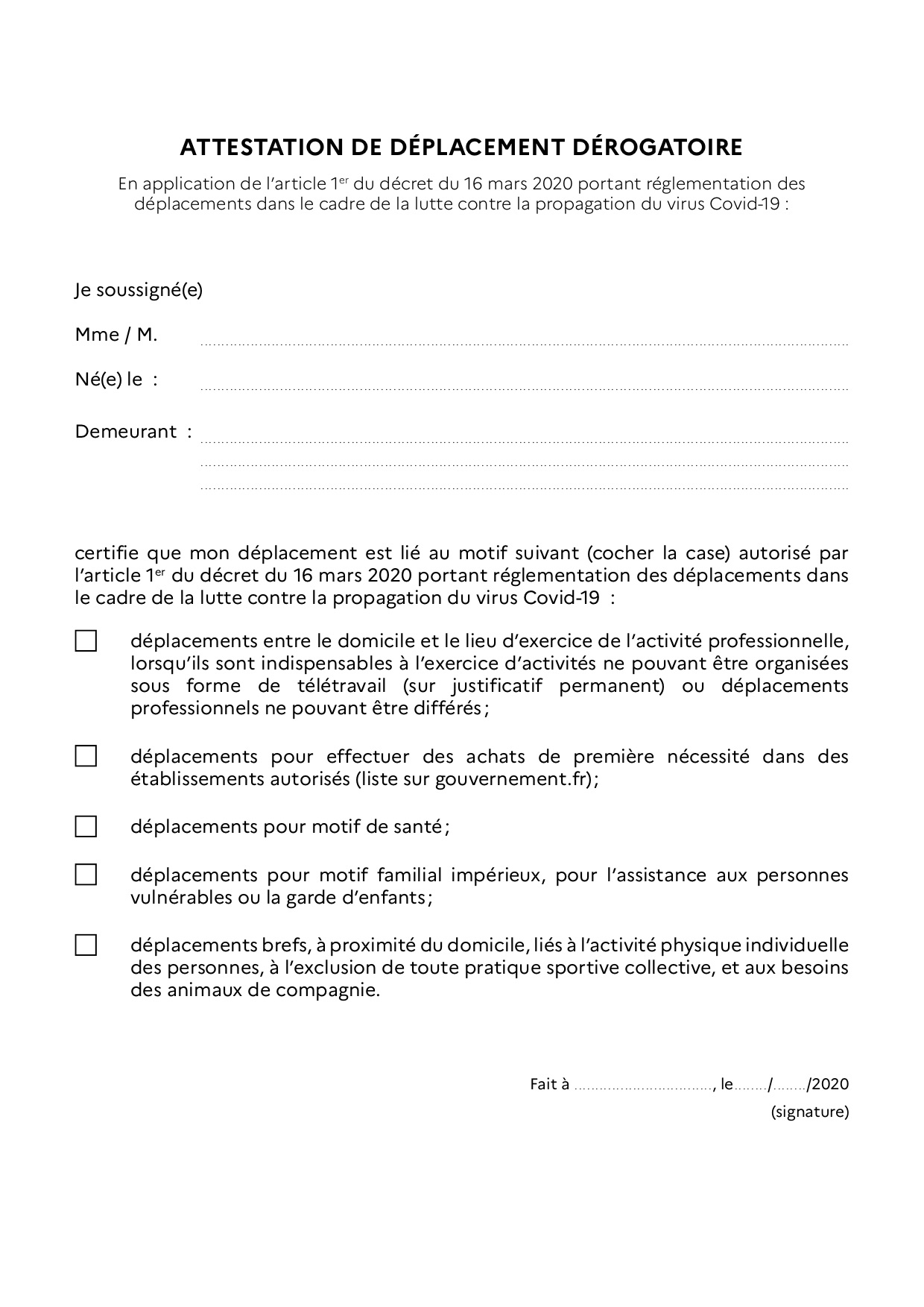 attestation de déplacement coronavirus COVID-19