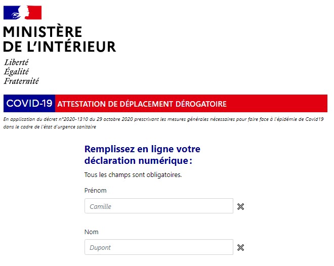 Attestation de déplacement 28 novembre