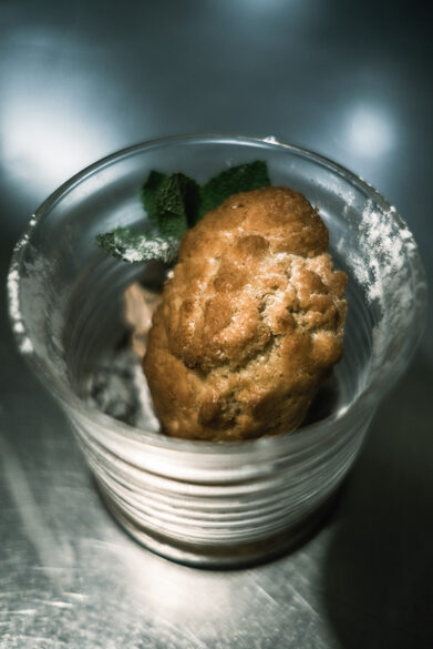 At the dining room restaurant (Lyon, Fourvière), dark chocolate mousse and organic peanut madeleine