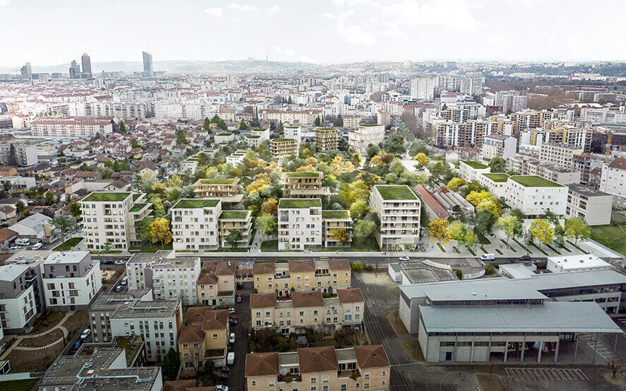 Le projet ACI à Villeurbanne sur un ancien terrain de Renault : 40 % de logements sociaux ou BRS sur 320 logements familiaux d’ici 2026. Le tramway traversera ce nouveau quartier
