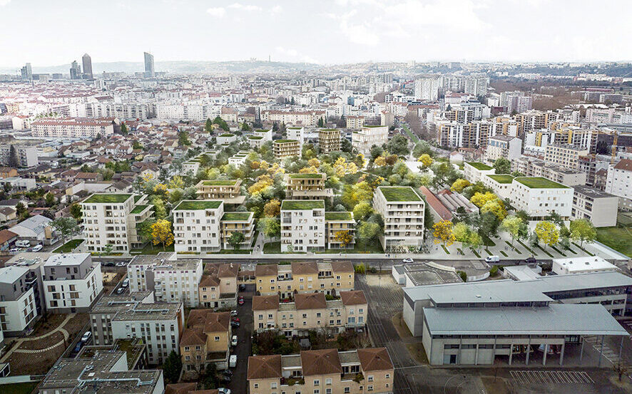 Le ≈ à Villeurbanne sur un ancien terrain de Renault : 40 % de logements sociaux ou BRS sur 320 logements familiaux d’ici 2026. Le tramway traversera ce nouveau quartier