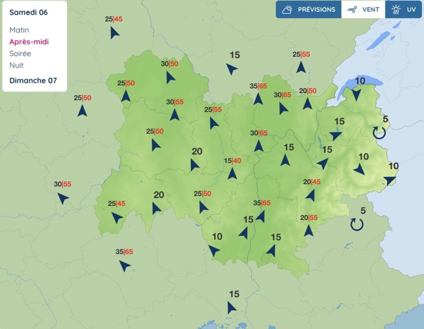 Le vent se lève dans sept départements d’Auvergne-Rhône-Alpes ce samedi. (Capture d’écran Météo France).