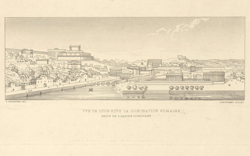 Vue de Lyon, sous la domination romaine, prise de l’ancien confluent. Antoine-Marie Chenavard (1787-1883) – Henri-Joseph Dubouchet (1833-1909) © Archives municipales de Lyon