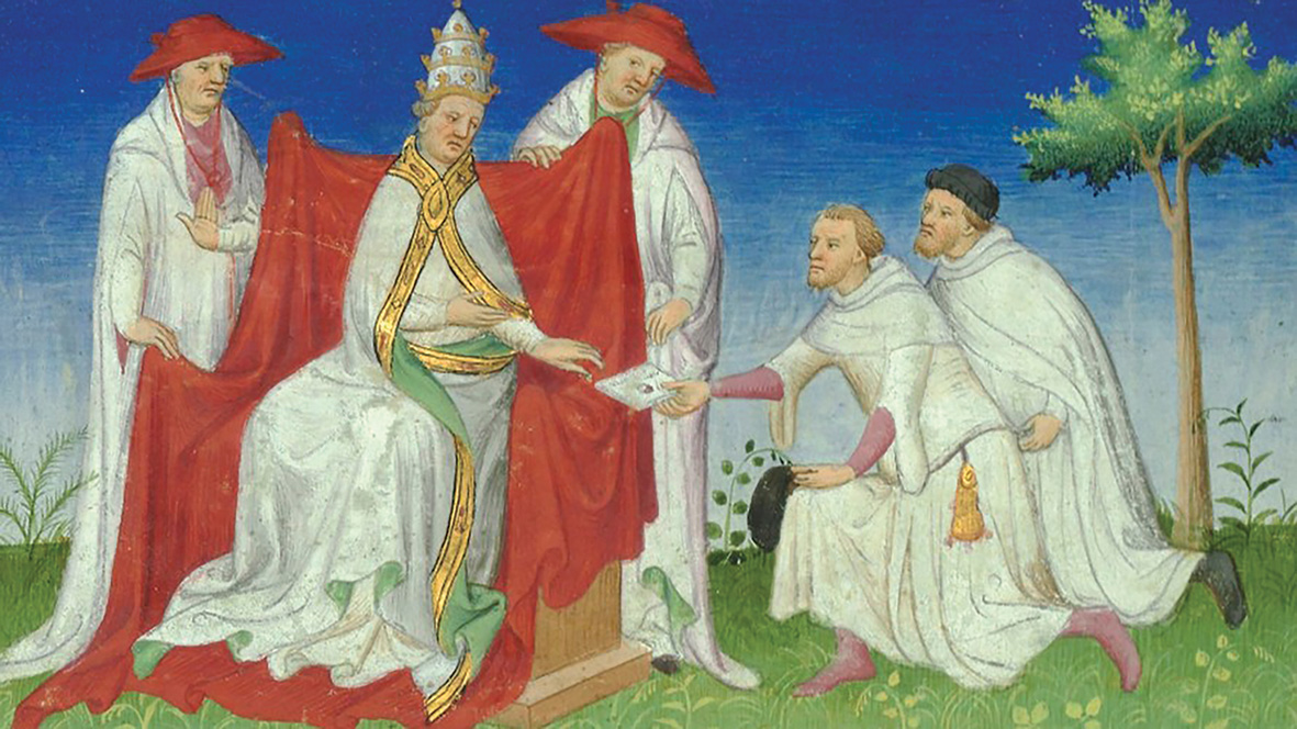 Niccolò et Matteo Polo livrant un message de Kubilai Khan en 1271 au pape Grégoire X. Ce dernier, ancien chanoine lyonnais, a accueilli le second concile œcuménique en 1274 à Lyon, préfigurant le principe du conclave.