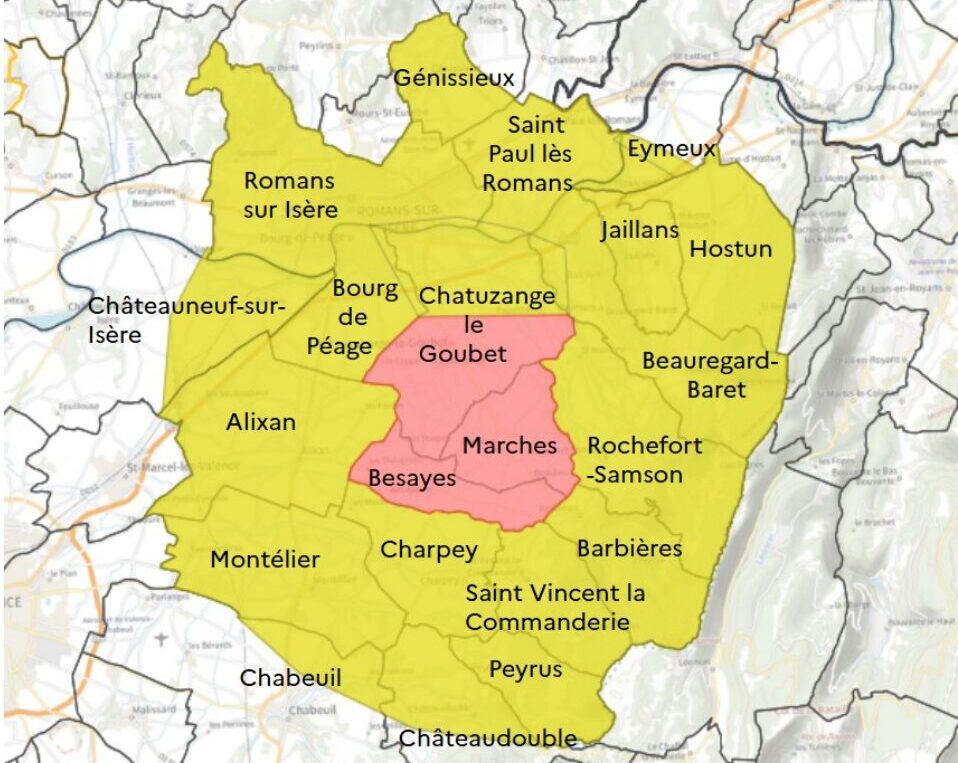 Zones réglementées de protection (ZP) en rouge et de surveillance (ZS) en jaune. Préfecture de la Drôme