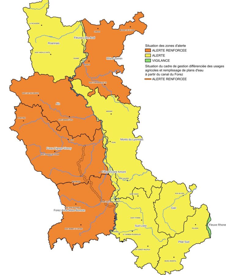 Le département de la Loire et les zones en alerte ou en alerte renforcée. Image fournit par le préfet de la Loire. ©IGN - BDCARTHO